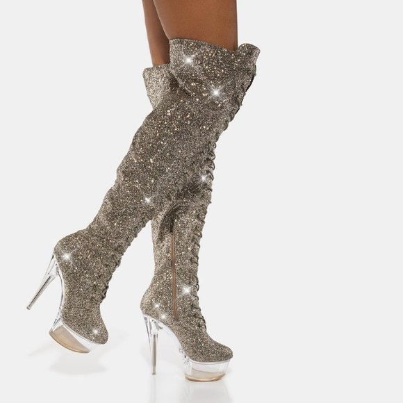 Bulls Silver Glitter Lace Up OTK Platform High Heel Thigh Boot - Picture 12 of 17